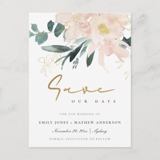 ZACHTE BLUSH FLORAL BUNCH WATERVERF BEWAREN DE DAT AANKONDIGINGSKAART (Voorkant)