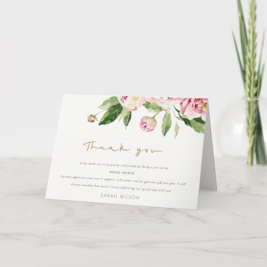 Zachte Blush Florale Pioen Waterverf Bruiloftsdouc Bedankkaart (Voorkant)