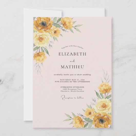 Zachte Blush Gele Ranunculus Eucalyptus Bruiloft Kaart (Voorkant)