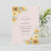 Zachte Blush Gele Ranunculus Eucalyptus Bruiloft Kaart (Staand voorkant)