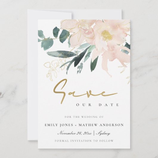 ZACHTE BLUSH GOLD FLORAL BUNCH WATERVERF WASH SAVE THE DATE (Voorkant)