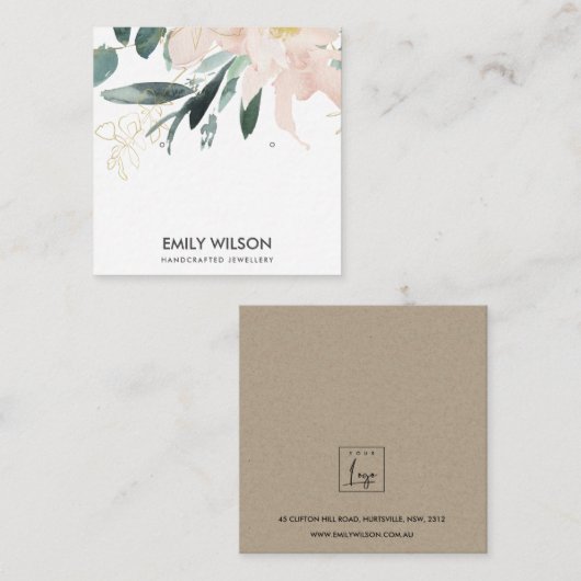 ZACHTE BLUSH GOLD FLORAL WATERVERF EARRING DISPLAY VIERKANTE VISITEKAARTJE (Voorkant / Achterkant)