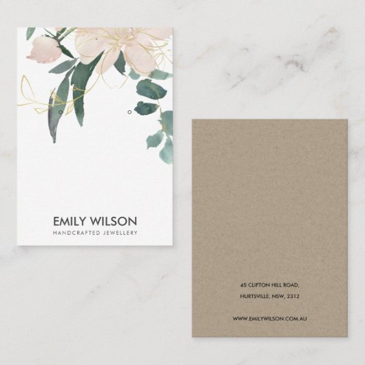 ZACHTE BLUSH GOLD FLORAL WATERVERF EARRING DISPLAY VISITEKAARTJE (Voorkant / Achterkant)