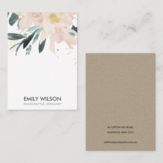 ZACHTE BLUSH GOLD FLORAL WATERVERF EARRING DISPLAY VISITEKAARTJE (Voorkant / Achterkant)