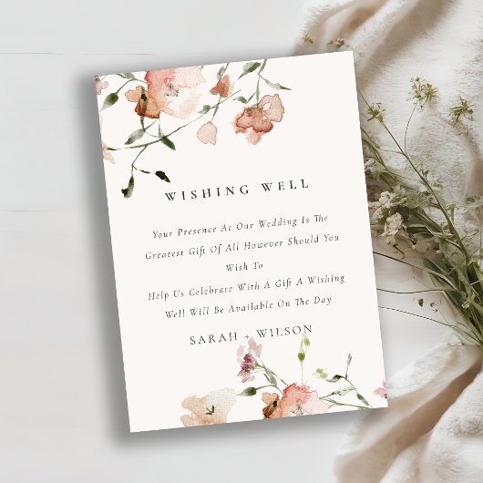 Zachte blush Meadow Floral Wishing Well Wedding Informatiekaartje