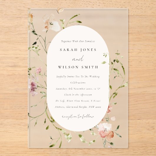 Zachte Blush Meadow Waterverf Floral Lijst Weddens Acryl Uitnodigingen (Voorkant)