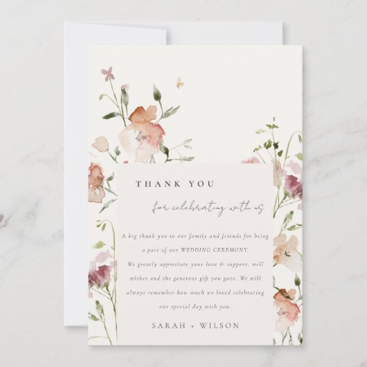 Zachte Blush Meadow Waterverf Floral Lijst Weddens Bedankkaart (Voorkant)