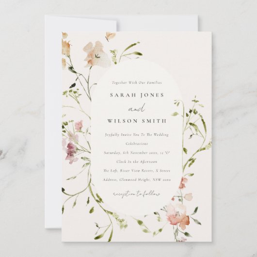 Zachte Blush Meadow Waterverf Floral Lijst Weddens Kaart (Voorkant)