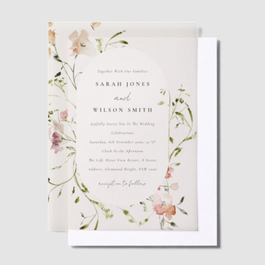 Zachte Blush Meadow Waterverf Floral Lijst Weddens Vellum Uitnodigingen (Offset)