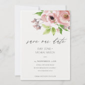 ZACHTE BLUSH PINK WATERVERF FLORAL BEWAREN DE DATU SAVE THE DATE (Voorkant)