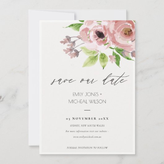 ZACHTE BLUSH PINK WATERVERF FLORAL BEWAREN DE DATU SAVE THE DATE (Voorkant)