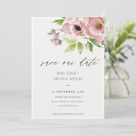ZACHTE BLUSH PINK WATERVERF FLORAL BEWAREN DE DATU SAVE THE DATE (Staand voorkant)