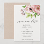 ZACHTE BLUSH PINK WATERVERF FLORAL BEWAREN DE DATU SAVE THE DATE (Voorkant / Achterkant)