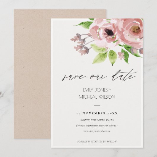 ZACHTE BLUSH PINK WATERVERF FLORAL BEWAREN DE DATU SAVE THE DATE (Voorkant / Achterkant)