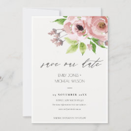 ZACHTE BLUSH PINK WATERVERF FLORAL BEWAREN DE DATU SAVE THE DATE