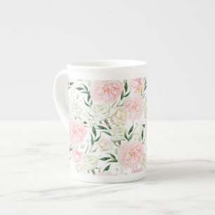 Zachte Blush Pioen & Roos Waterverf Bloemmotief Porselein Kop