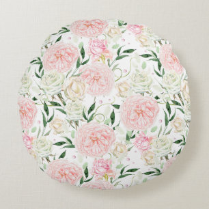 Zachte Blush Pioen & Roos Waterverf Bloemmotief Rond Kussen