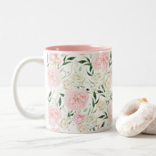 Zachte Blush Pioen & Roos Waterverf Bloemmotief Tweekleurige Koffiemok