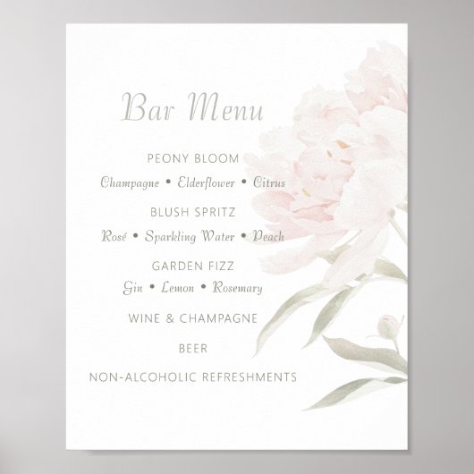 Zachte Blush Pioen Trouwbar Menu Poster (Voorkant)