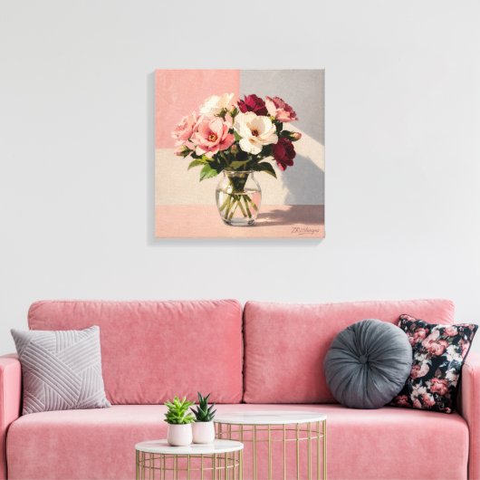 Zachte Blush Pioenrozen Vaas Canvas Print (Insitu (Woonkamer))