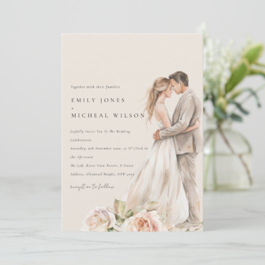 Zachte Blush Roos Bloemen Paar Botanische Bruiloft Kaart (Staand voorkant)