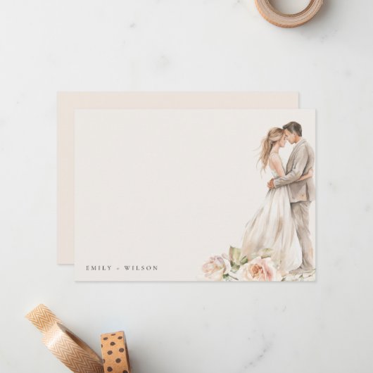 Zachte Blush Roos Bloemen Paar Botanische Bruiloft Notitiekaartje (Voorkant / Achterkant in situ)
