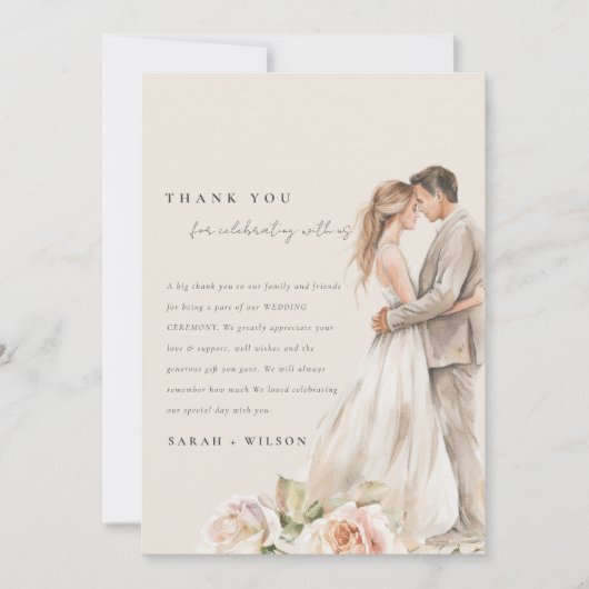 Zachte Blush Roos Bloemen Paar Foto Bruiloft Bedankkaart (Voorkant)