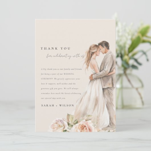 Zachte Blush Roos Bloemen Paar Foto Bruiloft Bedankkaart (Staand voorkant)