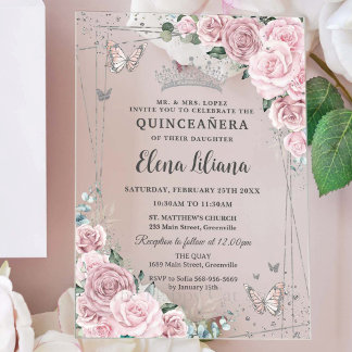 Zachte Blush Roze Bloem Vlinders Quinceanera 15 Acryl Uitnodigingen