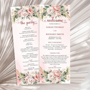 Zachte Blush Roze Bloemen Eucalyptus Huwelijksprog Programmakaart