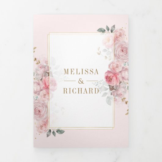 Zachte Blush Roze Bloemen Goud Alles In Een Huweli Drieluik Uitnodiging (Cover)
