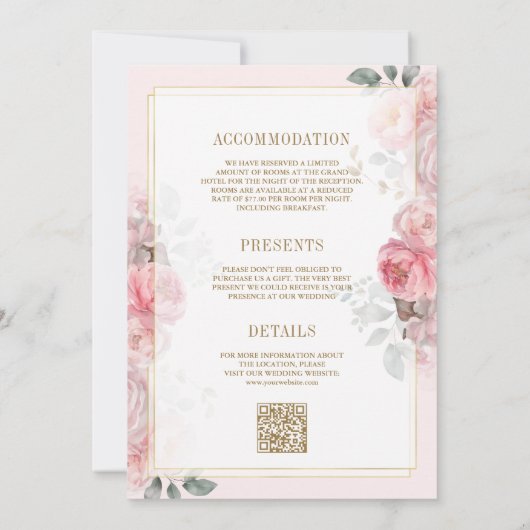 Zachte Blush Roze Bloemen Goud Alles In Een Huweli Kaart (Achterkant)