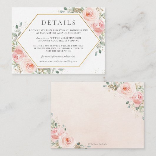 Zachte Blush Roze Bloemen Goud Bruiloft Details Informatiekaartje (Voorkant / Achterkant)