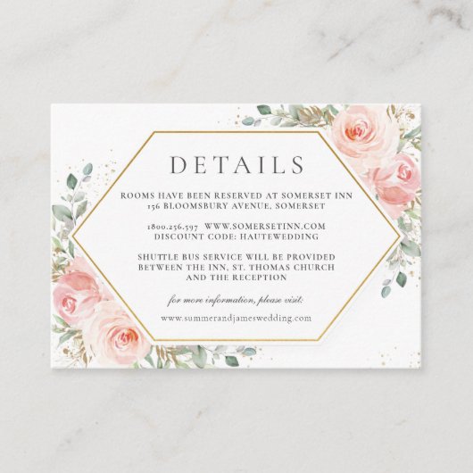 Zachte Blush Roze Bloemen Goud Bruiloft Details Informatiekaartje (Voorkant)