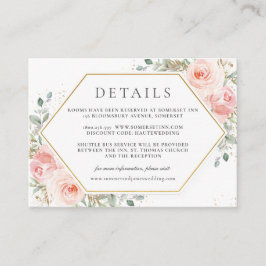Zachte Blush Roze Bloemen Goud Bruiloft Details Informatiekaartje