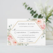 Zachte Blush Roze Bloemen Goud Groen Bruiloft Maal RSVP Kaartje (Staand voorkant)
