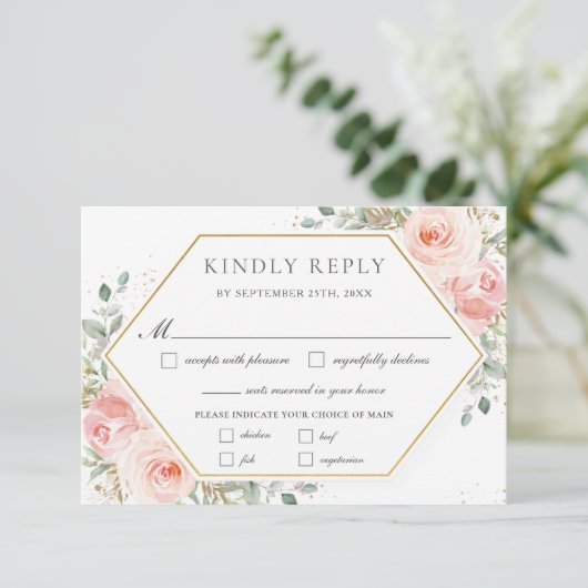 Zachte Blush Roze Bloemen Goud Groen Bruiloft Maal RSVP Kaartje (Staand voorkant)