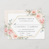 Zachte Blush Roze Bloemen Goud Groen Bruiloft Maal RSVP Kaartje (Voorkant / Achterkant)