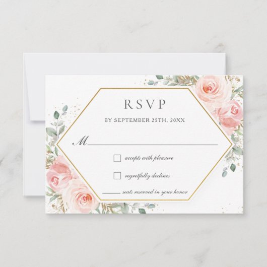 Zachte Blush Roze Bloemen Goud Groen Bruiloft RSVP Kaartje (Voorkant)