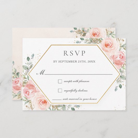 Zachte Blush Roze Bloemen Goud Groen Bruiloft RSVP Kaartje (Voorkant / Achterkant)