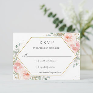 Zachte Blush Roze Bloemen Goud Groen Bruiloft RSVP Kaartje