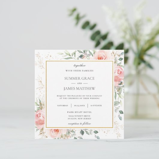 Zachte Blush Roze Bloemen Groen Bruiloft Vierkant Kaart (Staand voorkant)