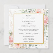 Zachte Blush Roze Bloemen Groen Bruiloft Vierkant Kaart (Voorkant)