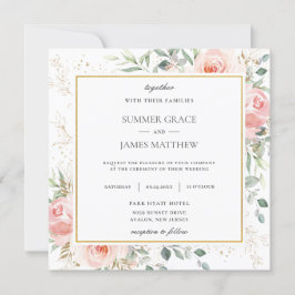 Zachte Blush Roze Bloemen Groen Bruiloft Vierkant Kaart