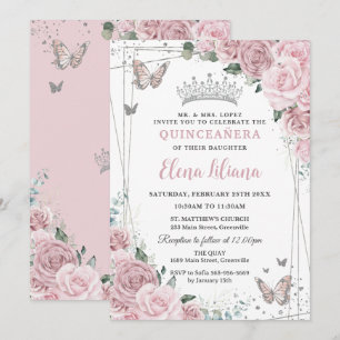 Zachte Blush Roze Bloemige Vlinders Quinceanera 15 Kaart