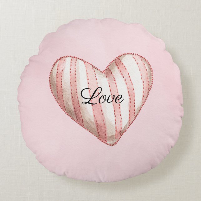 Zachte Blush Roze Gestreepte Hart Liefde Rond Kussen (Voorkant)