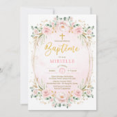 Zachte Blush Roze Goud Bloemen Meisje Doop Frans Kaart (Voorkant)