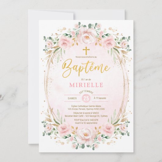 Zachte Blush Roze Goud Bloemen Meisje Doop Frans Kaart (Voorkant)