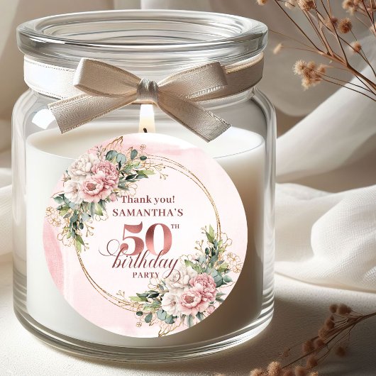 Zachte Blush Roze Goud Botanische 50e Verjaardag L Ronde Sticker