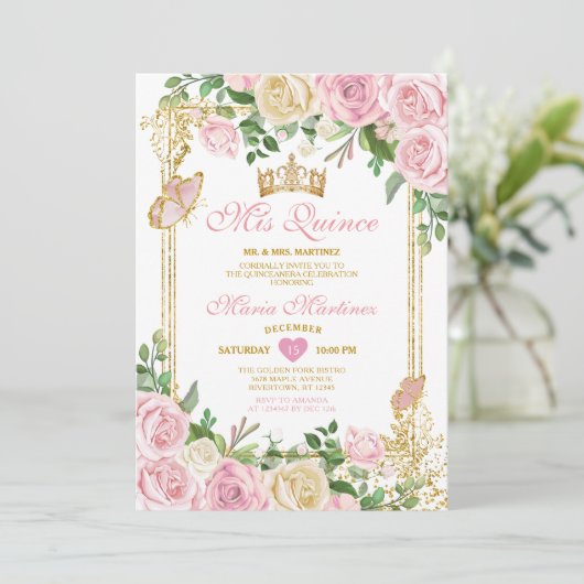 Zachte Blush Roze Kroon Meisje Quinceañera 15 Part Kaart (Staand voorkant)